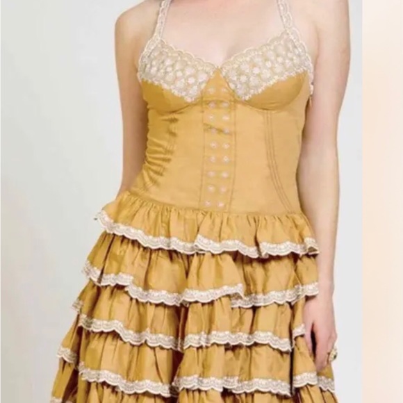 Betsey Johnson Dresses & Skirts - VTG 90’s 2000 Y2K Betsey Johnson Tan Eyelet Tiered Western Dress Runway …